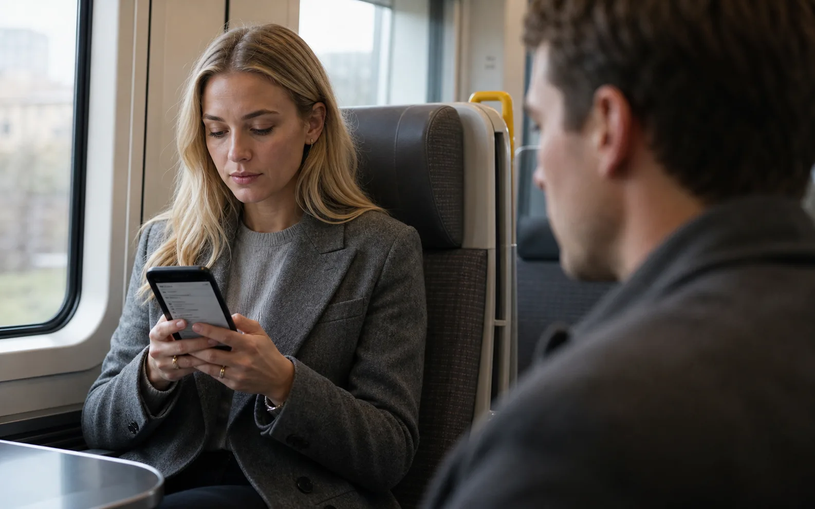 Resenär använder mobil med Matt Privacy på ett svenskt pendeltåg